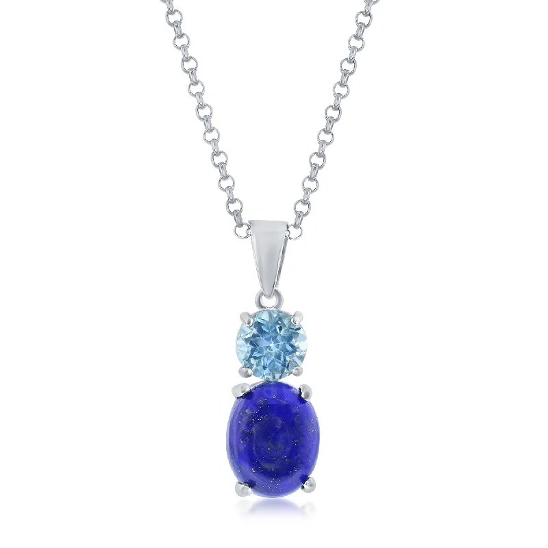 Cat charm necklaces-Sterling Silver Oval Lapis & Round Gem Pendant - Blue Topaz