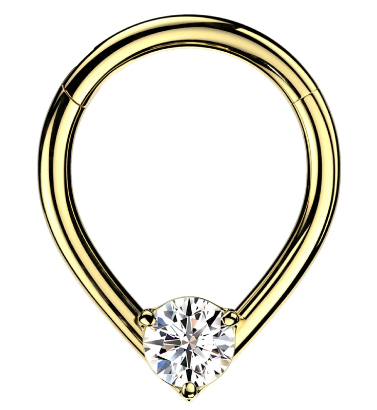 Amber solitaire rings-Centered Gold PVD Teardrop Clear CZ Stainless Steel Hinged Segment Ring