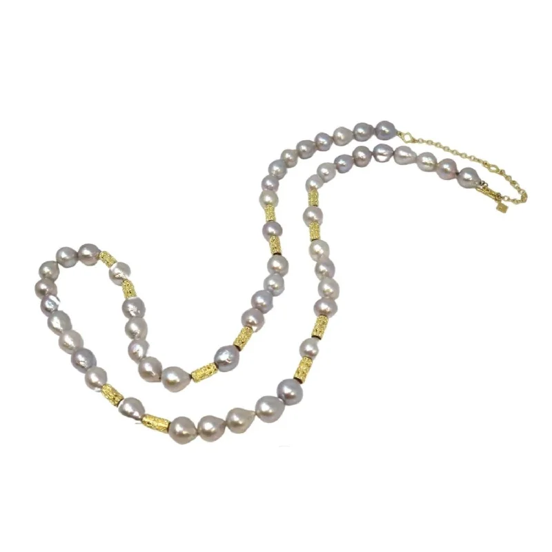 Vivid gem necklaces-14K Gold Long Pearl Necklace with Gold Stations