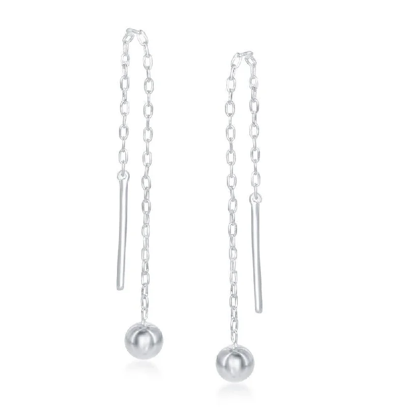 Branch pattern earrings-Sterling Silver Bar with Bead Chain Threader Earrings