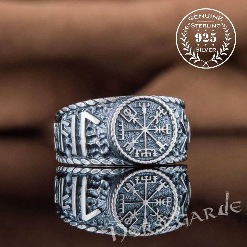 Bead row rings-Handcrafted Vegvisir Runic Signet Ring - Sterling Silver