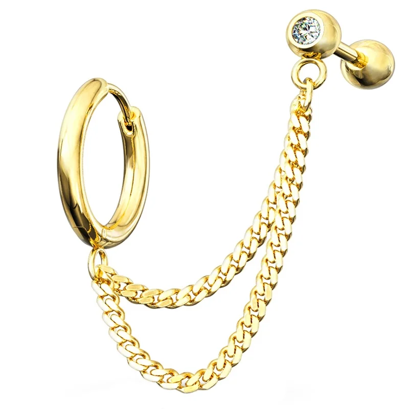 Smooth clasp rings-Gold PVD Double Linked Hinged Hoop Ring & CZ Cartilage Barbell