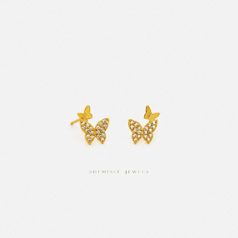 Sleek threader earrings-Two Butterflies Studs Earrings, Gold, Silver SHEMISLI - SS097 LR