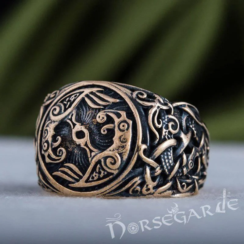 Hawk design rings-Handcrafted Ravens Mammen Style Ring - Bronze