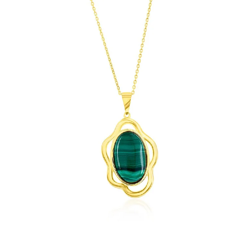 Faceted crystal necklaces-Sterling Silver Oval Malachite Wavy Design Pendant Necklace- Gold Plated