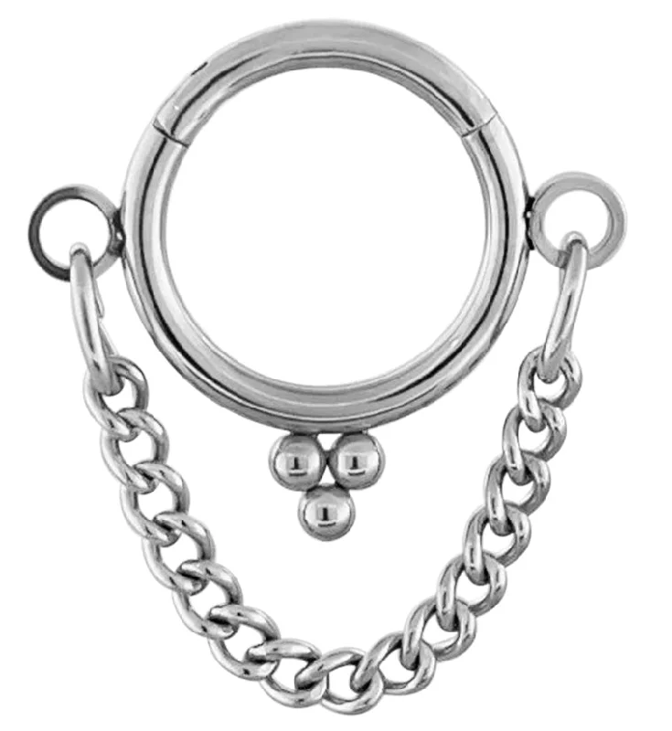 Circle gem rings-Triple Bead Dangle Chain Titanium Hinged Segment Ring