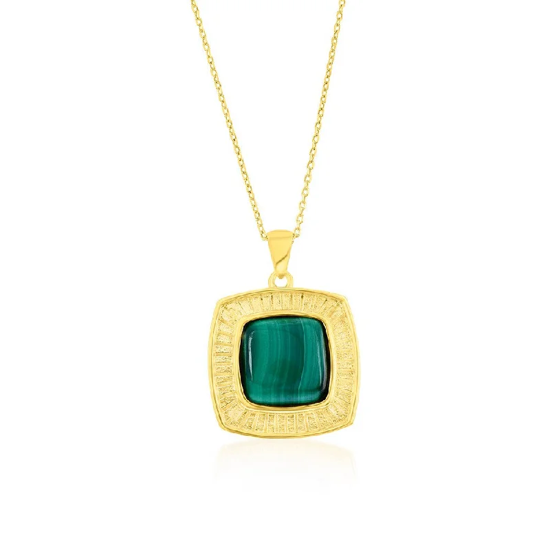 Slide clasp necklaces-Sterling Silver Square Malachite Designed Pendant Necklace - Gold Plated