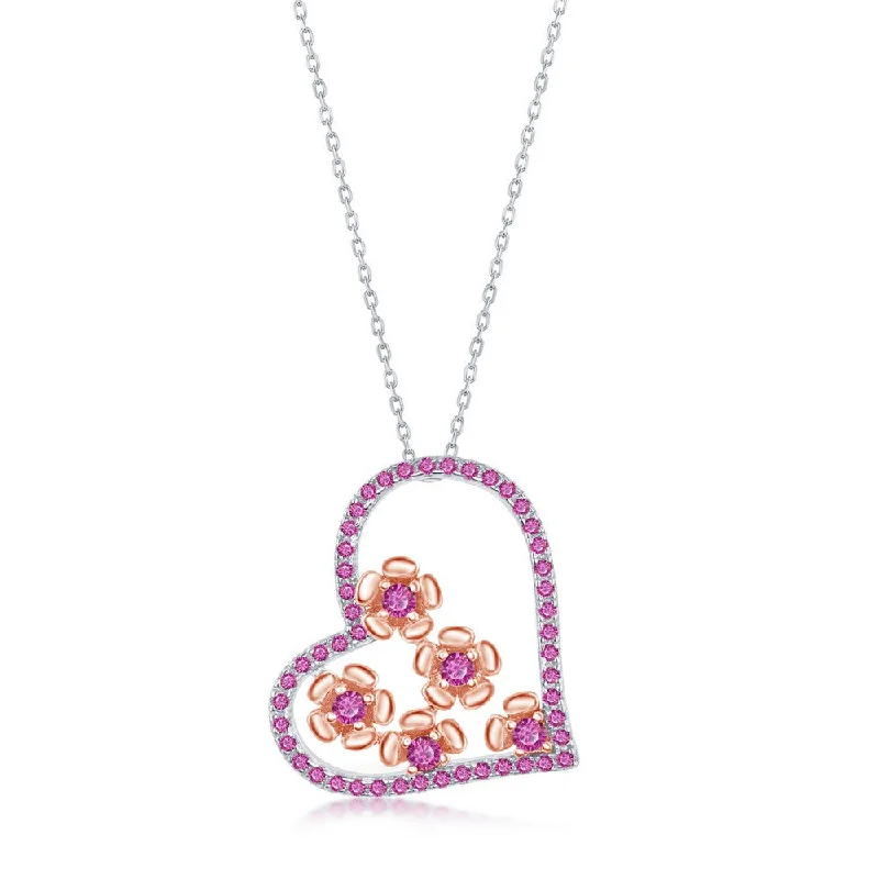 Skewed design necklaces-Sterling Silver CZ Ruby Heart and Flowers Necklace - Rose Gold Plated