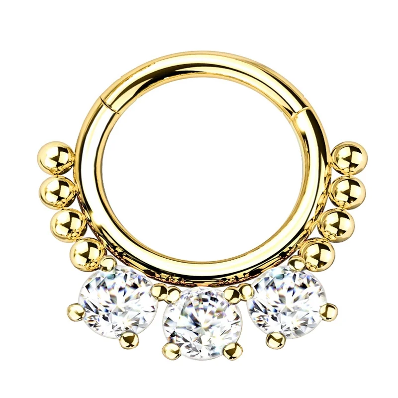 Kelp theme rings-Gold PVD Triple CZ Bead Hinged Segment Ring