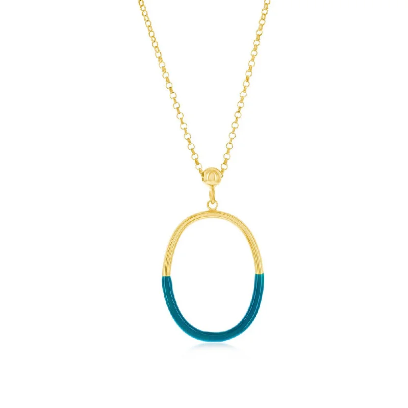 Crisp-line necklaces-Sterling Silver, Petrolio Enamel Oval Necklace - Gold Plated