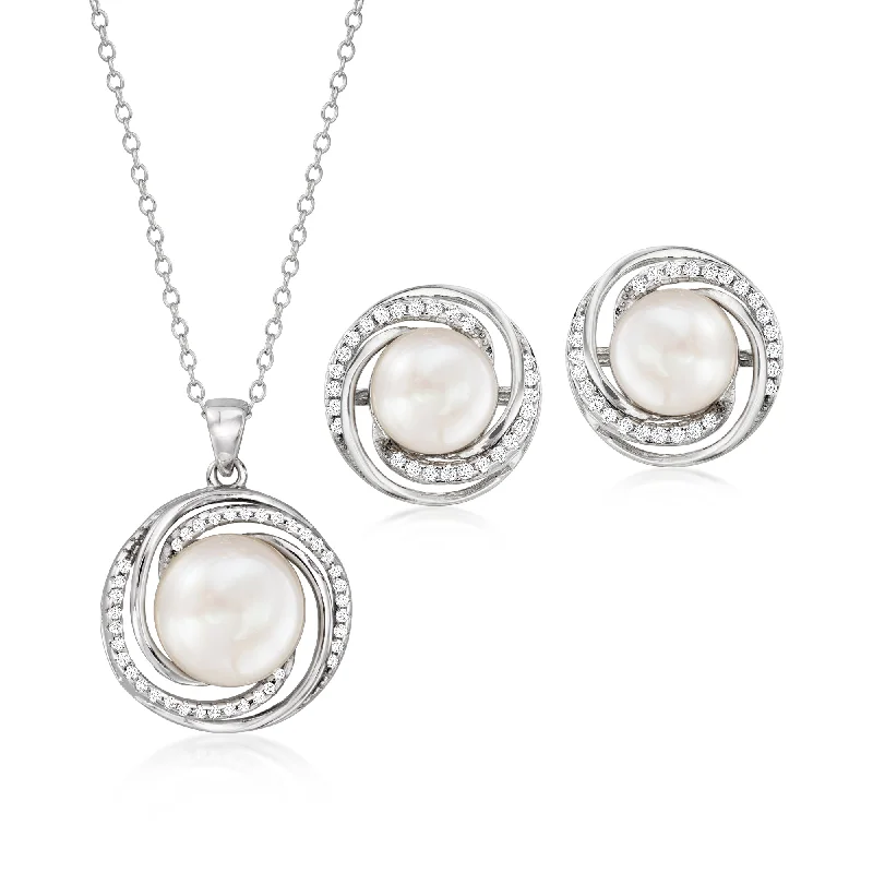 Chunky stone necklaces-Ross-Simons 9-10mm Cultured Pearl and . CZ Jewelry Set: Earrings and Pendant Necklace in Sterling Silver