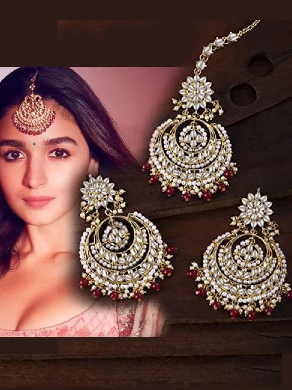 Tahitian pearl earrings-Alia Bhatt Inspired Kundan & Pearl Maang Tikka Earring Set, Indian Pakistani Wedding Bridal Jewelry Jewelry pearl Earrings Kundan earrings