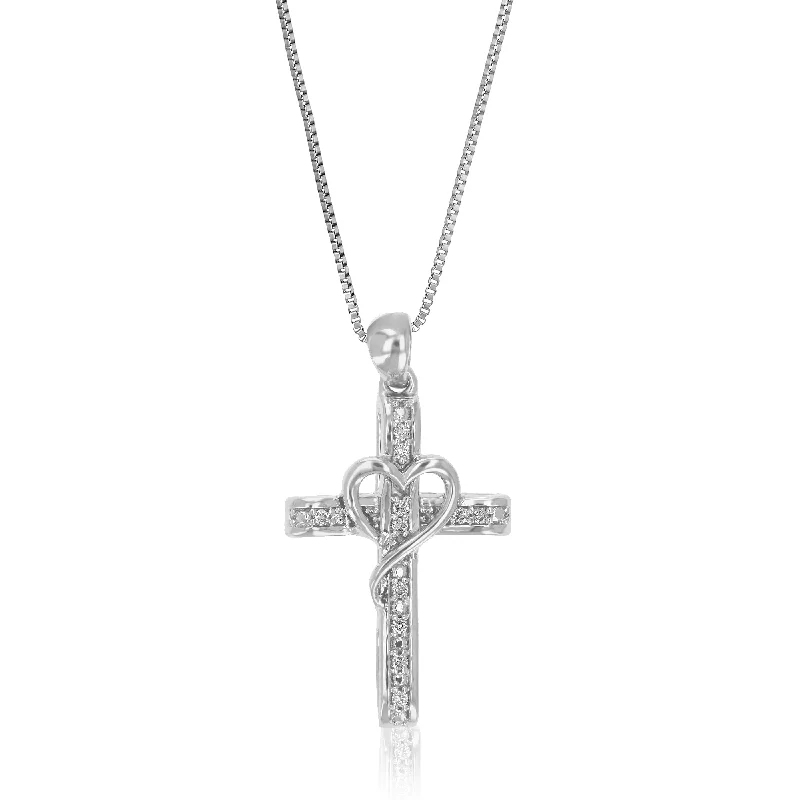 Six-layer necklaces-1/10 cttw Lab Grown Diamond Cross And Heart Pendant Necklace .925 Sterling Silver 2/3 Inch With 18 Inch Chain