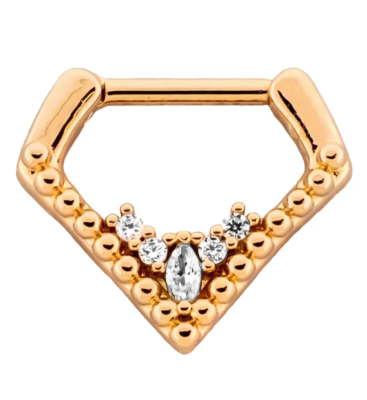 Corded satin rings-Rose Gold PVD Point Beaded Clear CZ Cluster Stainless Steel Hinged Segment Ring