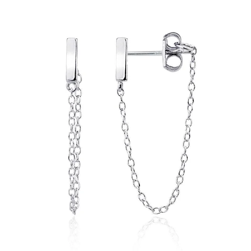 Reed style earrings-Sterling Silver Bar Stud with Looping Chain Earrings