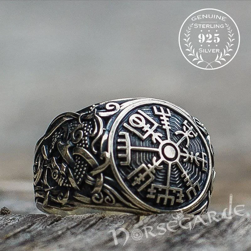 Kyanite inlay rings-Handcrafted Vegvisir Rune Mammen Style Ring - Sterling Silver