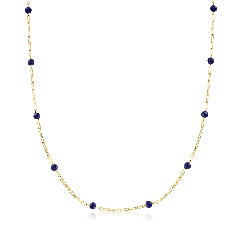 Twisted wire necklaces-RS Pure by Ross-Simons Sapphire Bead Station Paper Clip Link Necklace in 14kt Yellow Gold