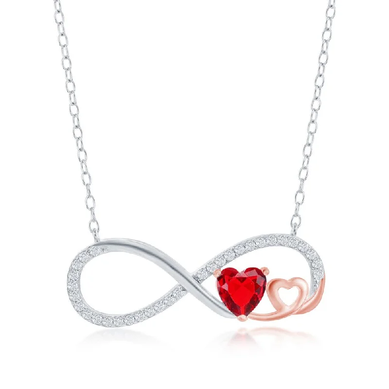 Alloy blend necklaces-Sterling Silver Ruby CZ Heart Infinity Necklace