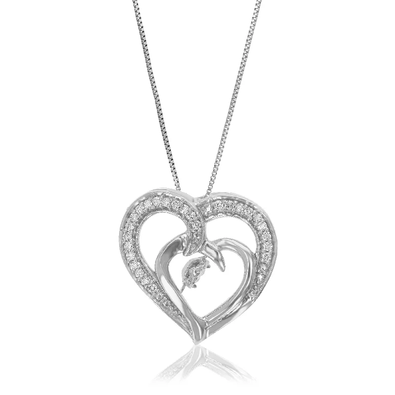 Soft elastic necklaces-1/6 cttw Lab Grown Diamond Double Heart Pendant Necklace .925 Sterling Silver 2/3 Inch With 18 Inch Chain