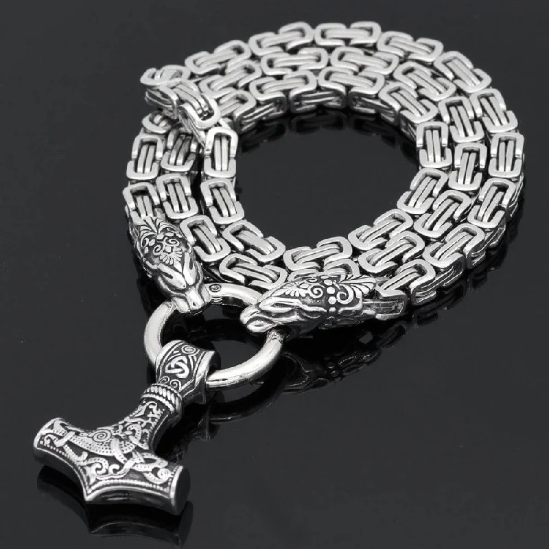 Delicate filigree rings-Animal Bite Ring Heavy Chain with Mjölnir - Stainless Steel