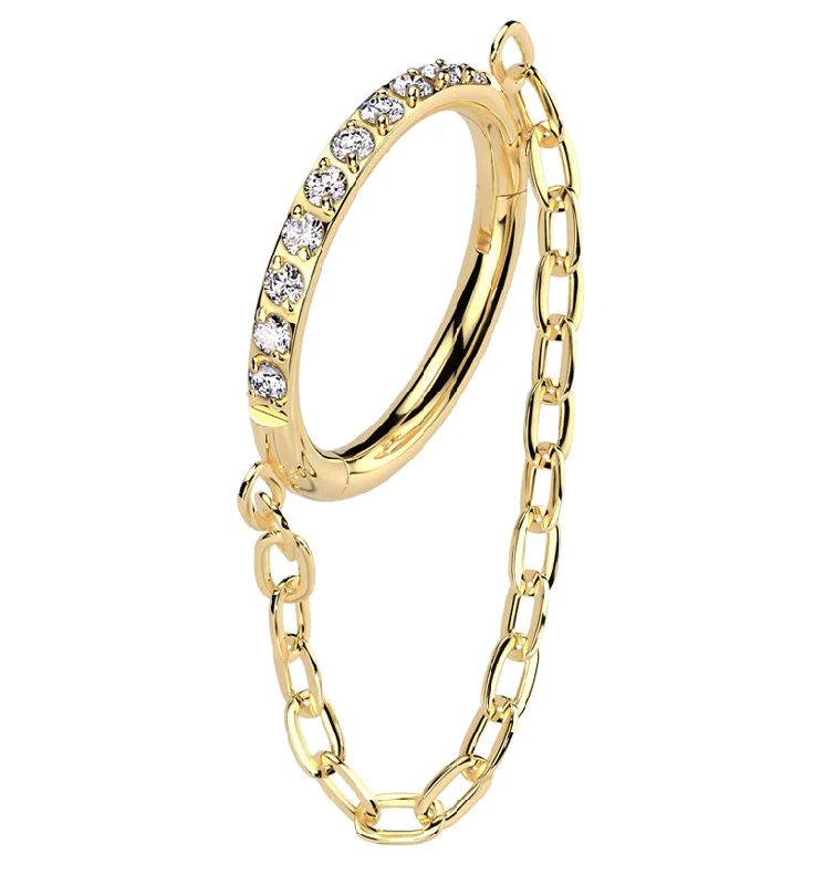 Solid gold rings-Gold PVD Side Facing Clear CZ Row Dangle Chain Hinged Segment Ring