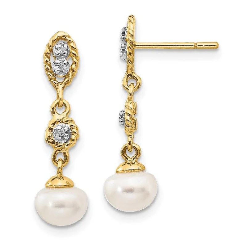 Dainty star earrings-14k & Rhodium 6-7mm Semi-round FWC Pearl .02ct Diamond Dangle Earrings