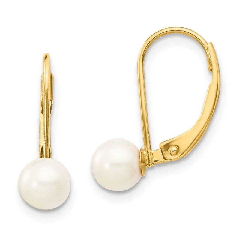 Patina gold earrings-14k 5-6mm White Round Saltwater Akoya Cultured Pearl Leverback Earrings