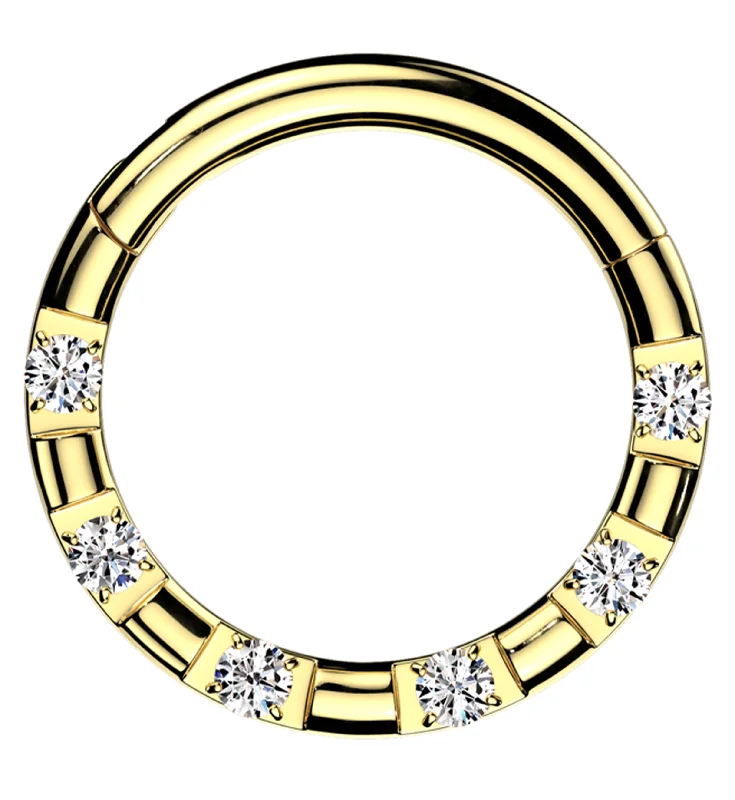 Satin silver rings-Gold PVD Spotted Round Clear CZ Stainless Steel Hinged Segment Ring