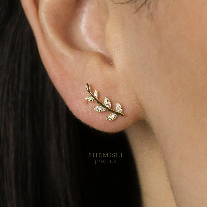 Solo dot earrings-CZ Leaf Climber Earrings, Gold, Silver SHEMISLI - SS208 LR