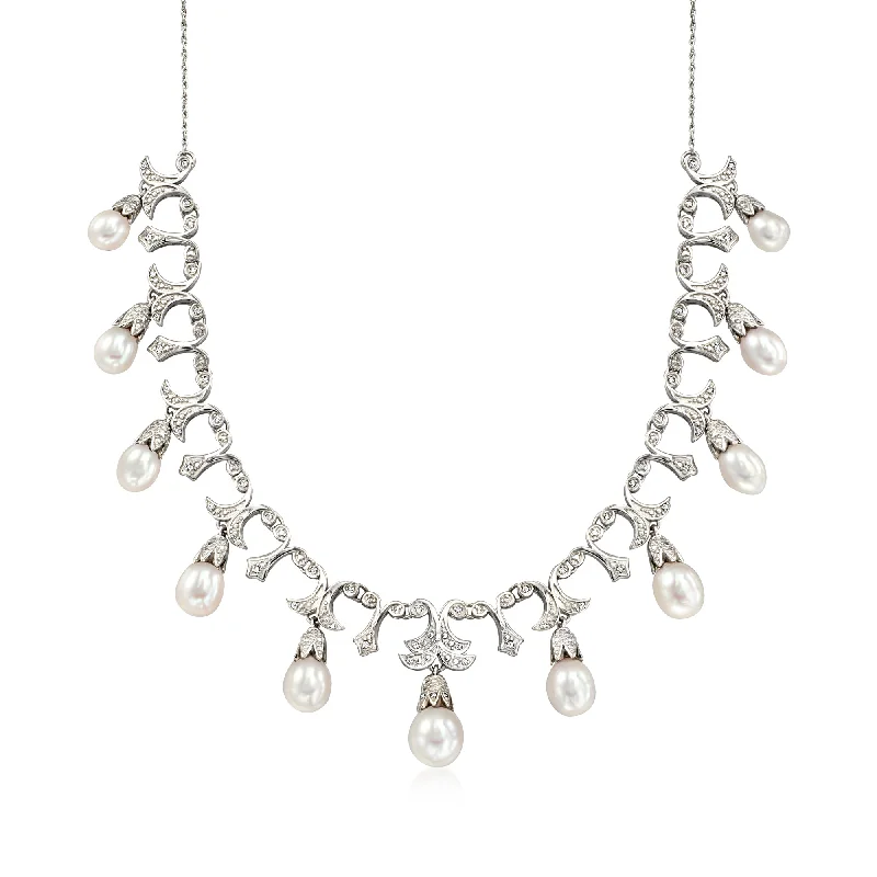 Woven knot necklaces-Ross-Simons 6-9mm Cultured Pearl and . Diamond Necklace in Sterling Silver