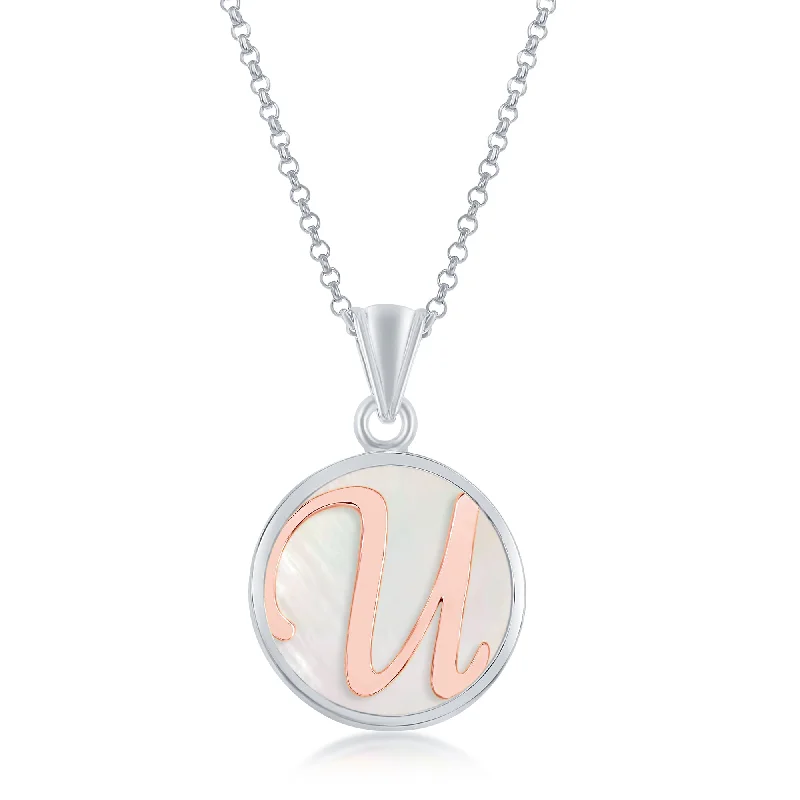 Nebula star necklaces-Sterling Silver MOP Pendant, Rose Gold Script Initial W/Chain