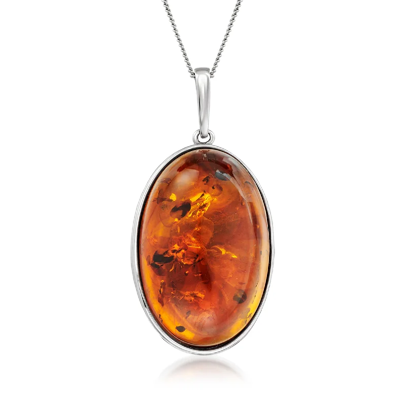 Six-strand necklaces-Ross-Simons Oval Cognac Amber Pendant Necklace in Sterling Silver