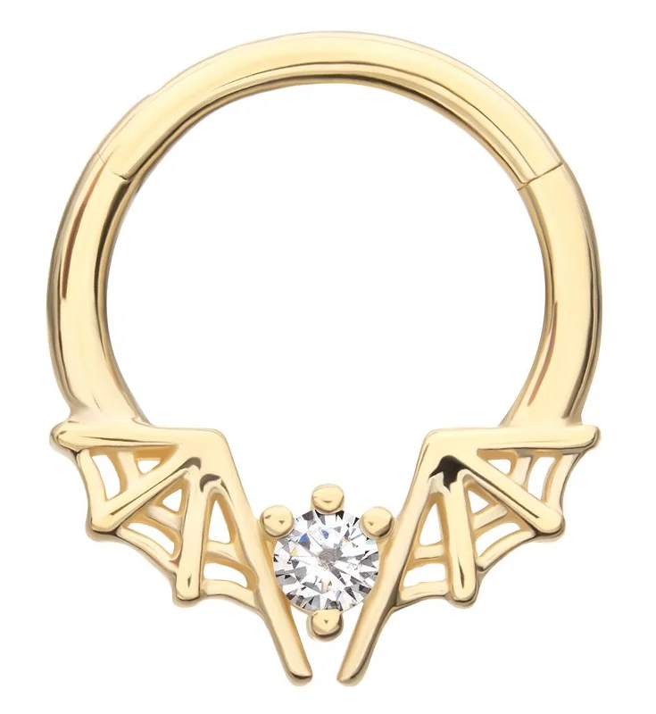 Stranded motif rings-14kt Gold Spiderweb Bat Wings Clear CZ Hinged Segment Ring