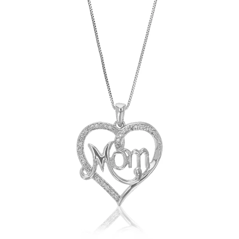 Heavy link necklaces-1/10 cttw Lab Grown Diamond Heart And Mom Pendant Necklace .925 Sterling Silver 3/4 Inch With 18 Inch Chain