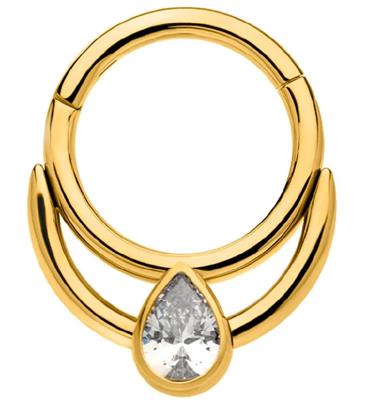 Baroque style rings-Gold PVD Double Hoop Teardrop Clear CZ Stainless Steel Hinged Segment Ring