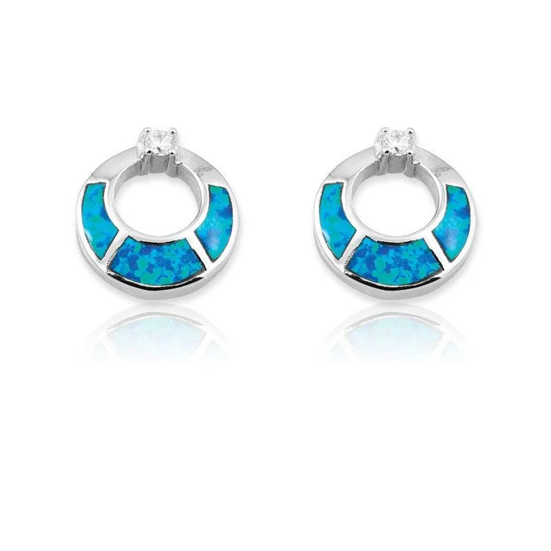 Feathery hoop earrings-Sterling Silver Blue Inlay Open Circles Earrings