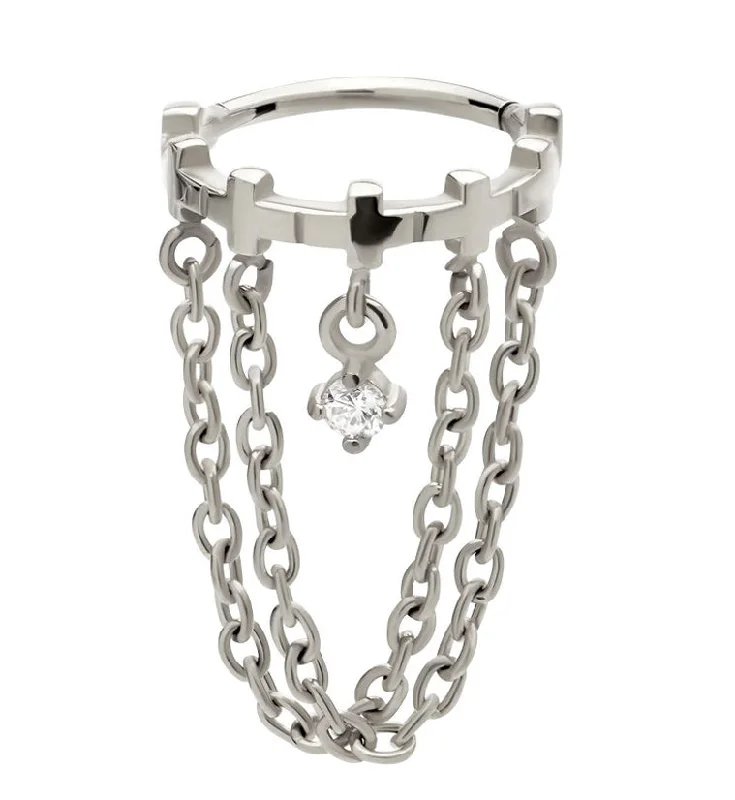 Dainty heart rings-Cross Row Dangle Clear CZ Double Chain Stainless Steel Hinged Segment Ring