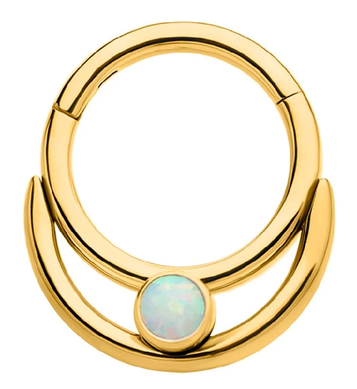 Clustered stone rings-Gold PVD Double Hoop Bezel White Opalite Stainless Steel Hinged Segment Ring