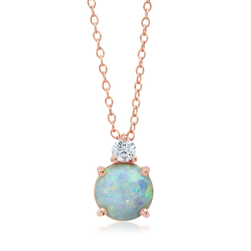 Elite diamond necklaces-18k Rose Gold Overlay over Sterling Silver Round Created Opal Pendant Necklace with CZ Accents on 18 Inch Adjustable Chain