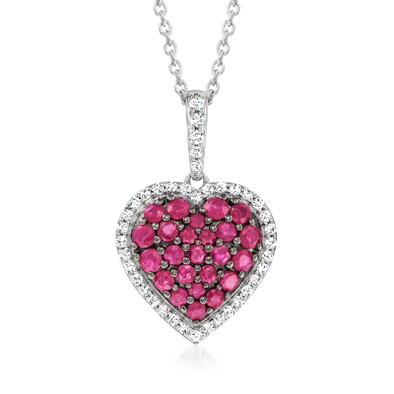 Twisted wire necklaces-Ross-Simons Ruby and . White Zircon Heart Pendant Necklace in Sterling Silver