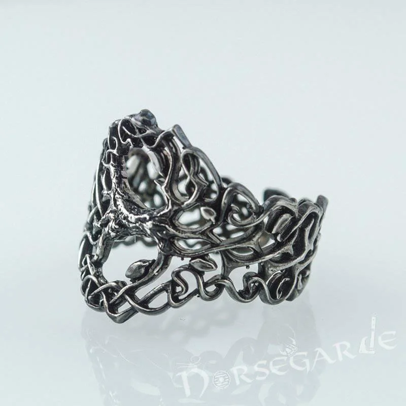 Circle design rings-Handcrafted Intertwined Yggdrasil Ring - Ruthenium Plated Sterling Silver