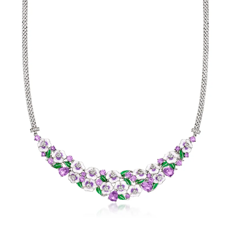 Corded link necklaces-Ross-Simons Amethyst and . White Topaz Floral Necklace With Multicolored Enamel in Sterling Silver