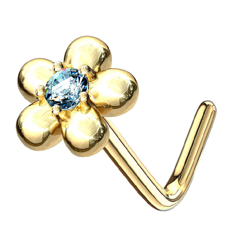 Crisp band rings-14kt Gold Daisy Aqua CZ L Bend Nose Ring