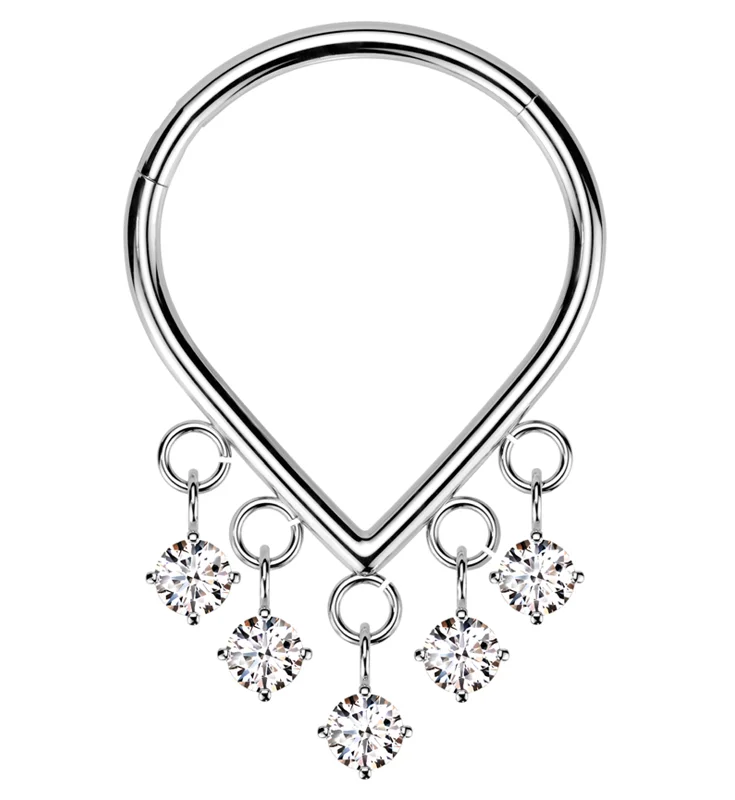 Dainty heart rings-Pointed Multi-Dangle Clear CZ Titanium Hinged Segment Ring