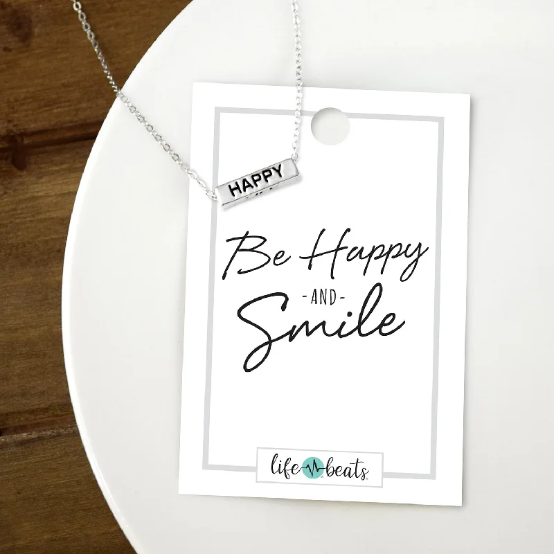 Pentagon pendant necklaces-Be Happy and Smile - Silver Finish Bar Necklace