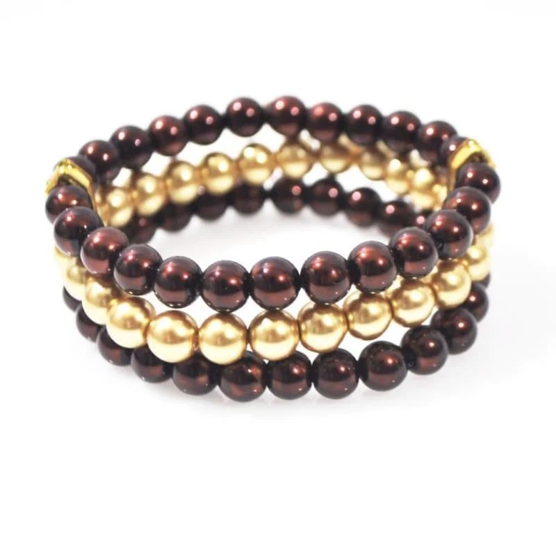 Timeless deco bangles-Brown And Gold Multi Strand Glass Pearl Bracelets