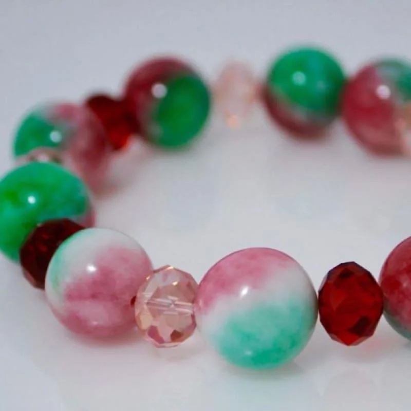 Solid cuff bangles-Green And Red Jade With Pink Crystals  Bracelets