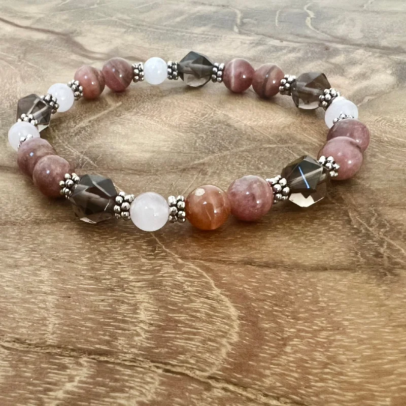 Stamped metal bangles-Love is All Around You: Rhodochrosite, Rose Quartz, Smoky Quartz, Silver Beaded Bracelet