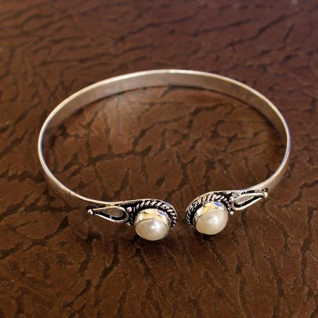 Bead row bangles-German Silver White Pearl Stone Bracelet