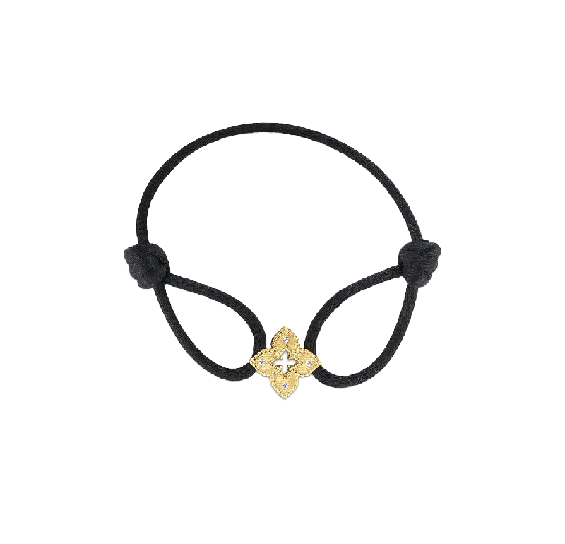 Fluid form bracelets-Roberto Coin Venetian Princess Diamond Flower Black Silk Cord Bracelet